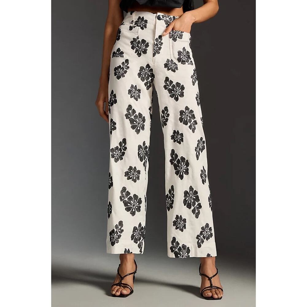 Anthropologie Maeve The Colette Cropped Wide Leg Pants Floral Embroidered Sz 4P